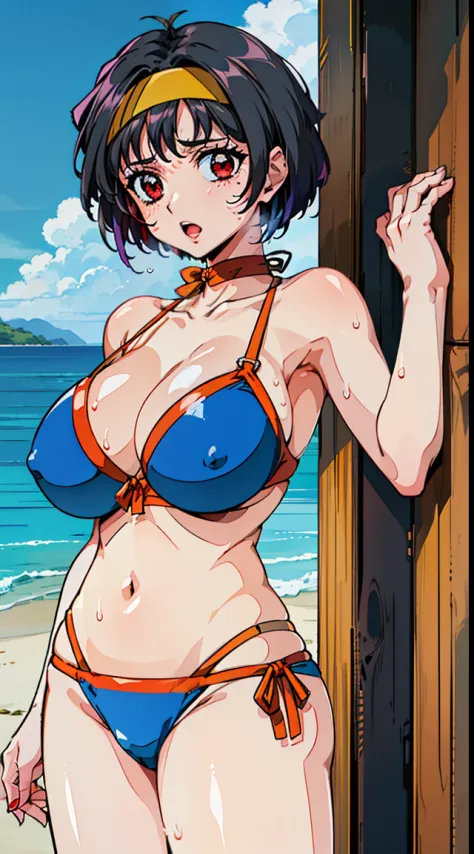 closeup cleavage,show off nipples,((Lyoko, Red Eyes, Short hair, Black hair, breasts, shairband)), Anime cel drawing style, Best Quality, High resolution,Sexy,Erotic,(The bikini:1.3), Huge breasts, ,(the beach:1.3), Cowboy Shot, blush, lightsmile, :o,(Mass...