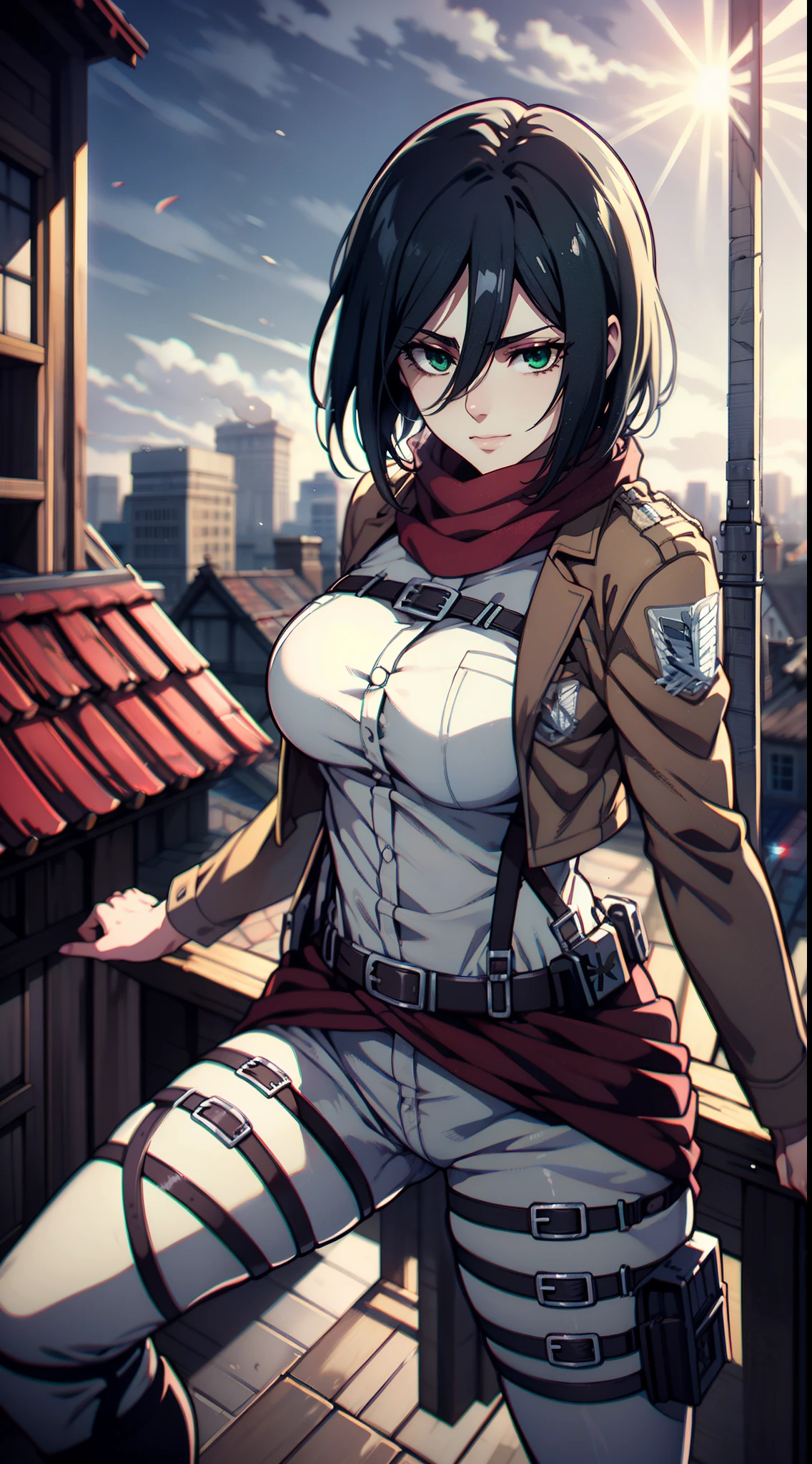 Anime girl with a gun on a rooftop overlooking a city - SeaArt AI