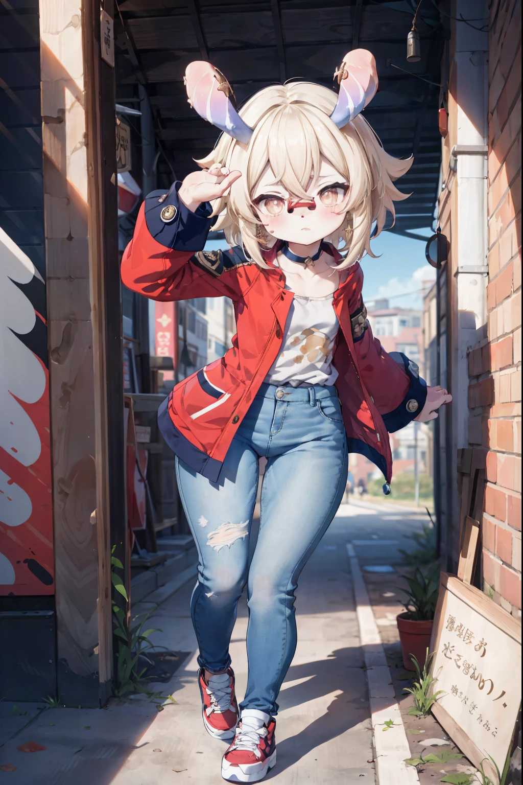 Anime girl in red jacket and jeans posing for a picture - SeaArt AI