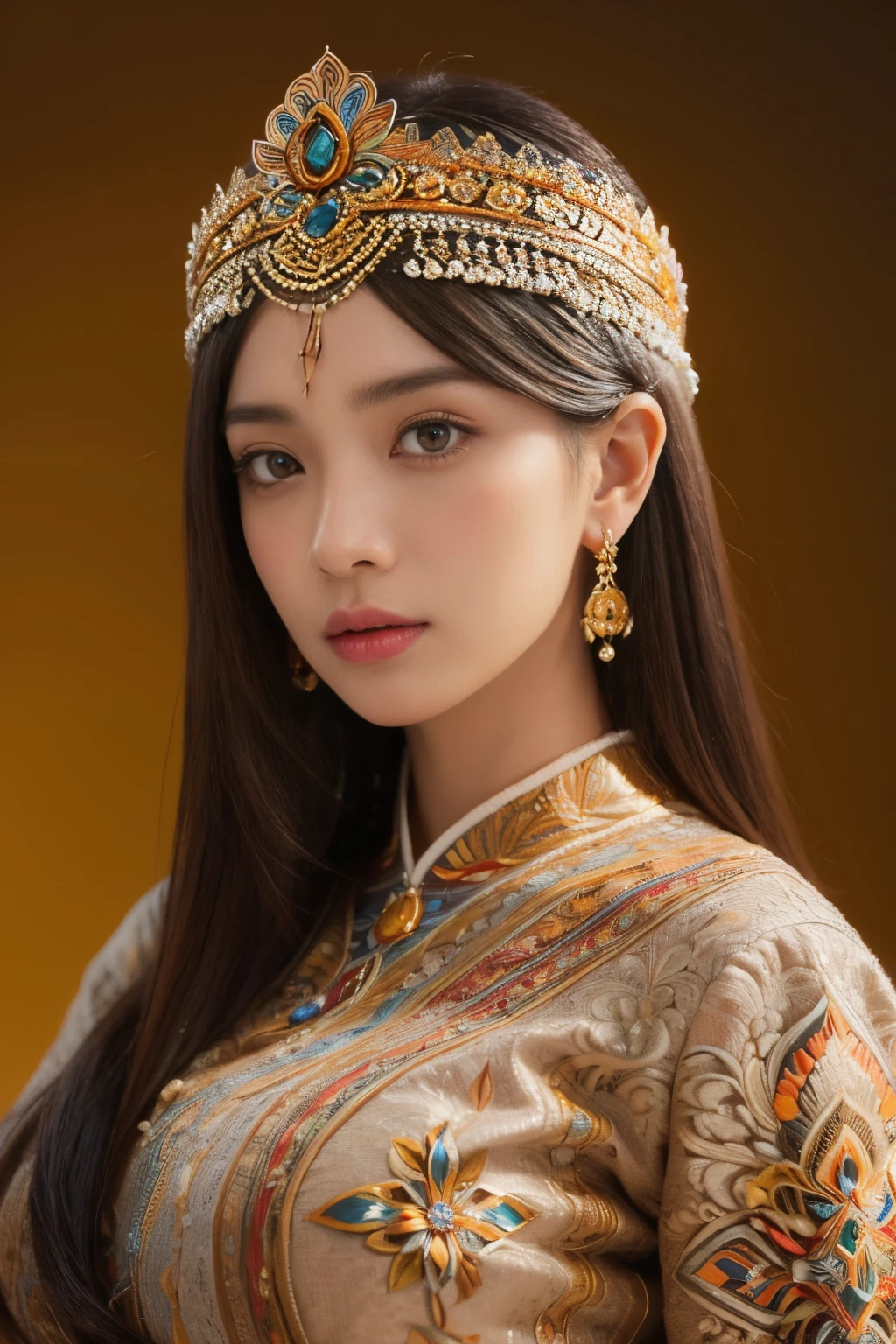 best quality, ultra-detailed, portrait, Indonesian traditional cloths, beautiful detailed eyes, beautiful detailed lips, long hair, feminine, traditional headpiece, ornaments, rich colors, bright background, studio lighting