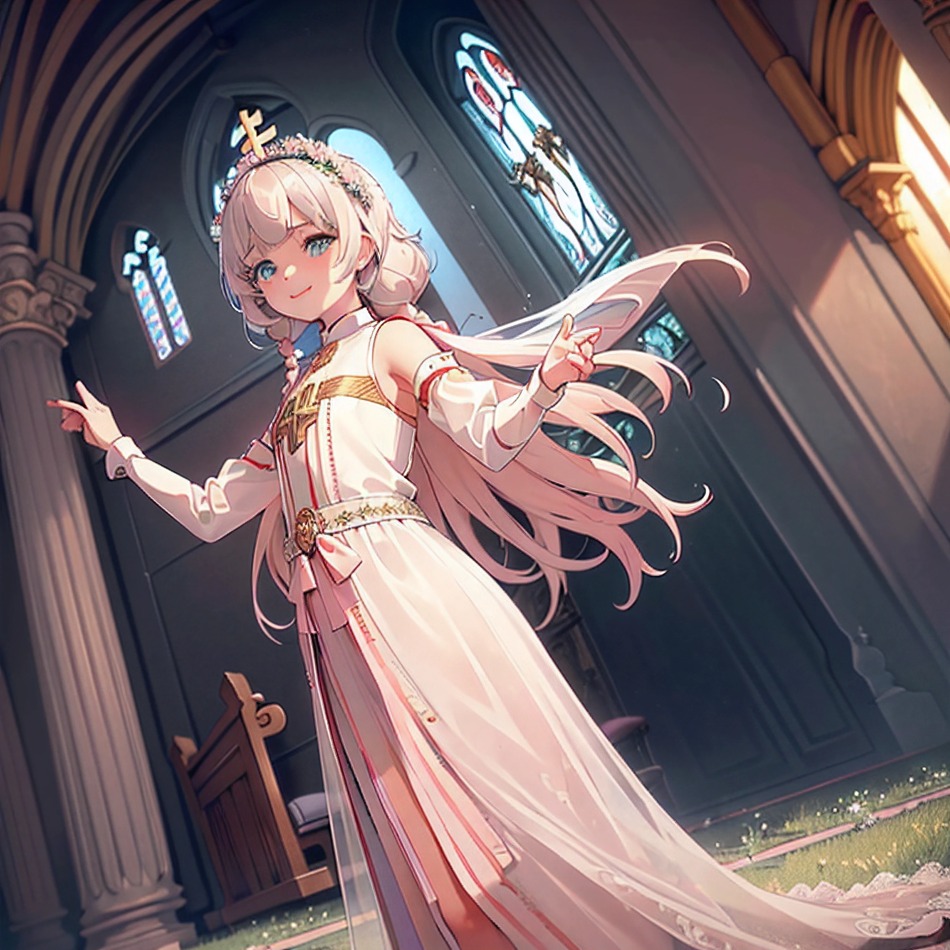 (Best quality),(4K), [Highly detailed CG paintings]!!,(Come on, great, great),(((The greatest masterpiece,))) (ultra - detailed),(((magical little girl))),(intricately details),(natural,Cute face),((((Beautiful church))),(dynamic angle,)(light wind),(动态照明),(full bloom,synthetic wave), (actual: 0.7), Alone,1 girl,Long eyelashes,dual horsetail,watery big eyes,Reflective eyes,light pink haired god,hair straight,(Long wedding dress,trains),((Elegant and conservative fabric)),Seductive smile,place one's arms behind one's back