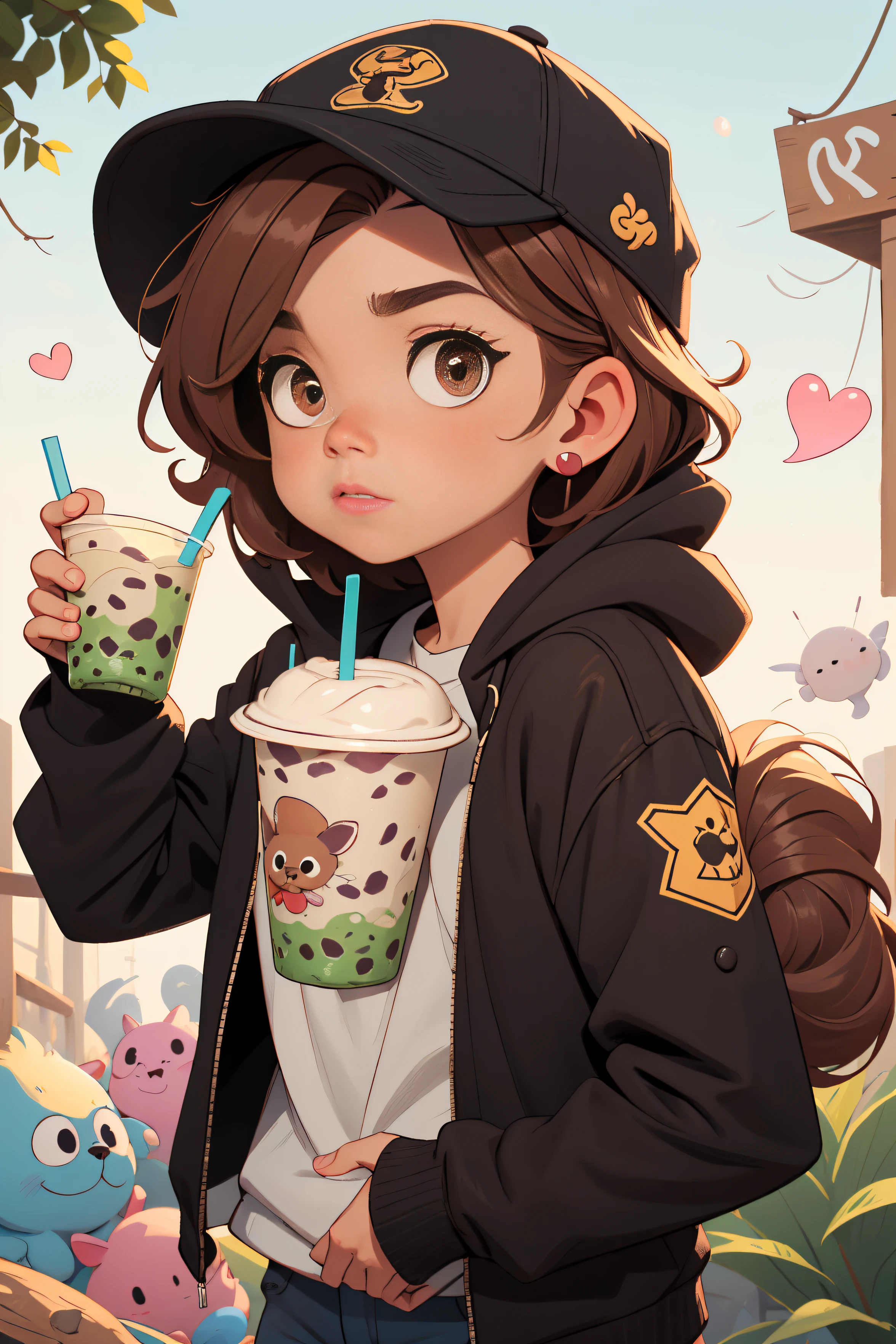 Memphis,1girl, eyes large,standing alone, suit jacket, animal ears, mitts, tail, upperbody,  hat, holding, brown hair, open jacket, drinking straw, black gloves, clothes open, long  hair, pointy ears,  Black jacket, bubble tea, eyes browns, Looking at Viewer, chemise, baseball cap, Holding cup, Hood, jacket with a hood, hair between the eyes, blush, chemise branca, animal ear fluff, ears through headwear, bangss,  Heart, Cute and adorable cartoon