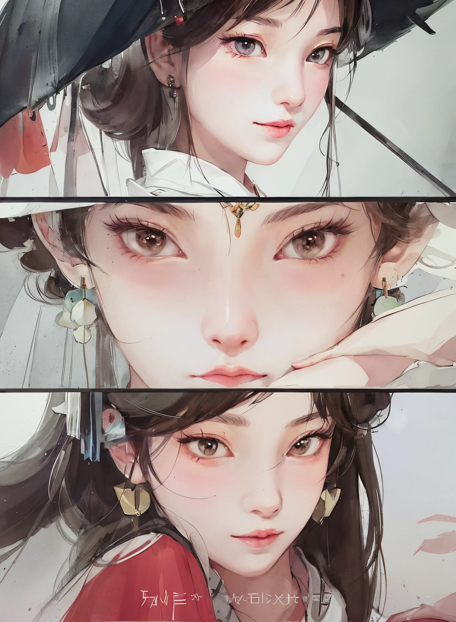 There are six photos of a woman with a full-length umbrella, arte no estilo de Guweiz, Guweiz, bela pintura de personagens, Guweiz em Artstation Pixiv, Guweiz em Pixiv ArtStation, retrato de rosto de anime impressionante, bela arte digital, Wlop Rossdraws, arte de anime digital detalhada, obra-prima Guweiz