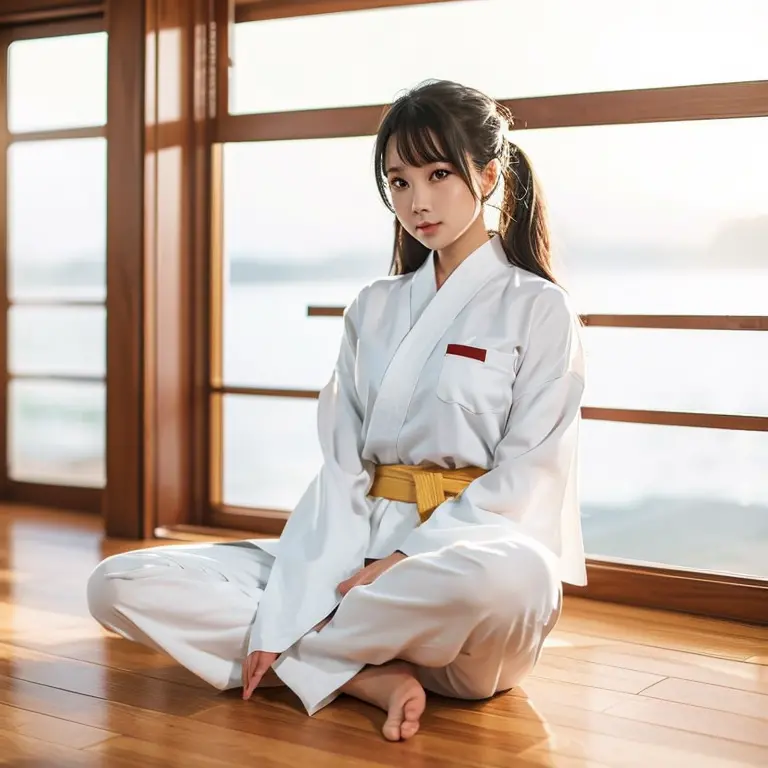 Beautiful karateka with long sleeves and long pants