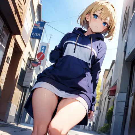 2D Anime Style、Blue eyes、breasts are slightly larger、A cool adult woman with short blonde hair and a cool expression、Walking aro...