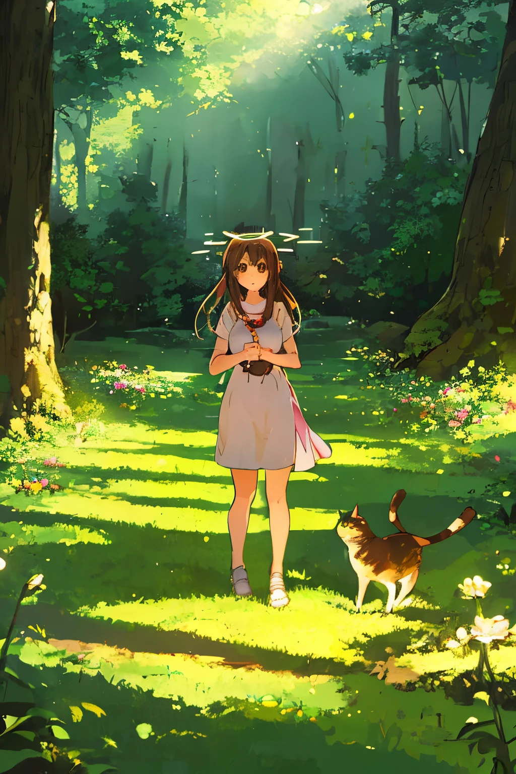 foreshortening,  depth of fields, tmasterpiece, best qualtiy, 1个Giant Breast Girl, Brown hair, Brown eyes,  Long whit hair,In the forest, glowworm, Alone, holding cat，looking at viewert, Komono,,  There is a halo around the character,