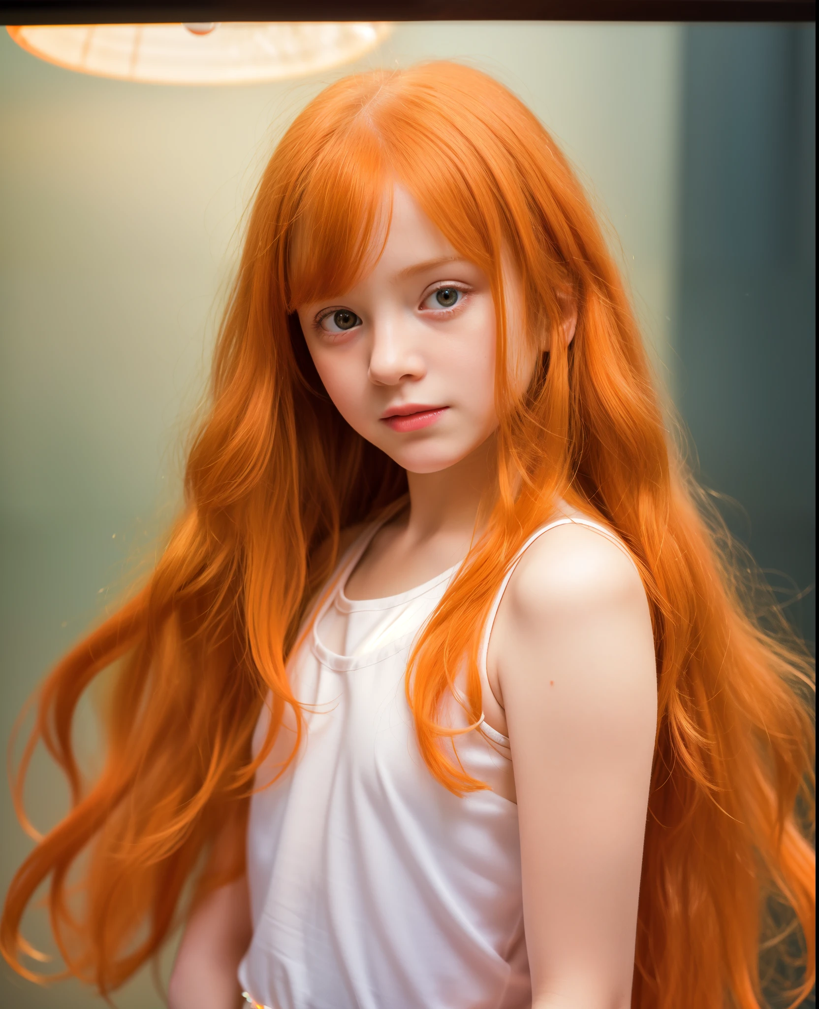 analog style, model shoot style, (upper body, close portrait:1.5, high-quality photo, studio photo) of a (little girl), (1girl:1.4), (orange hair, long hair), ((innocent face: 1.5, perfect face:1.5)), (best quality, masterpiece, hyper-realistic lights, hyper-realistic shadows, hyper-realistic reflections), (octane render, unreal engine 5), (illustration by lee jeffries, Greg Rutkowski and Magali Villanueva, contest winner), nsfw, small breasts
