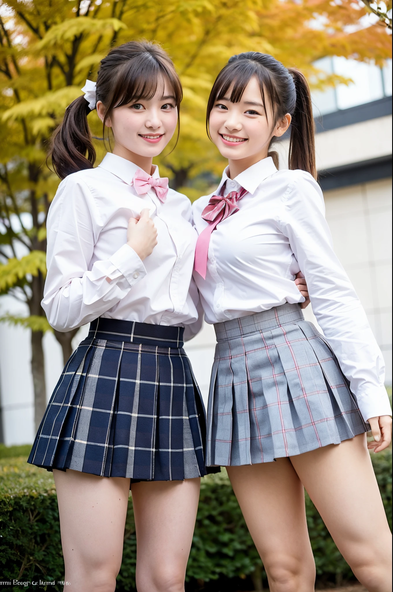 2 girls in school yard in autumn,long-sleeved white shirt with pale pink bow tie,plaid pleated micro mini skirt,white thong,18-year-old,bangs,a little smiles,thighs,knees,crotch,low ponytail,from below