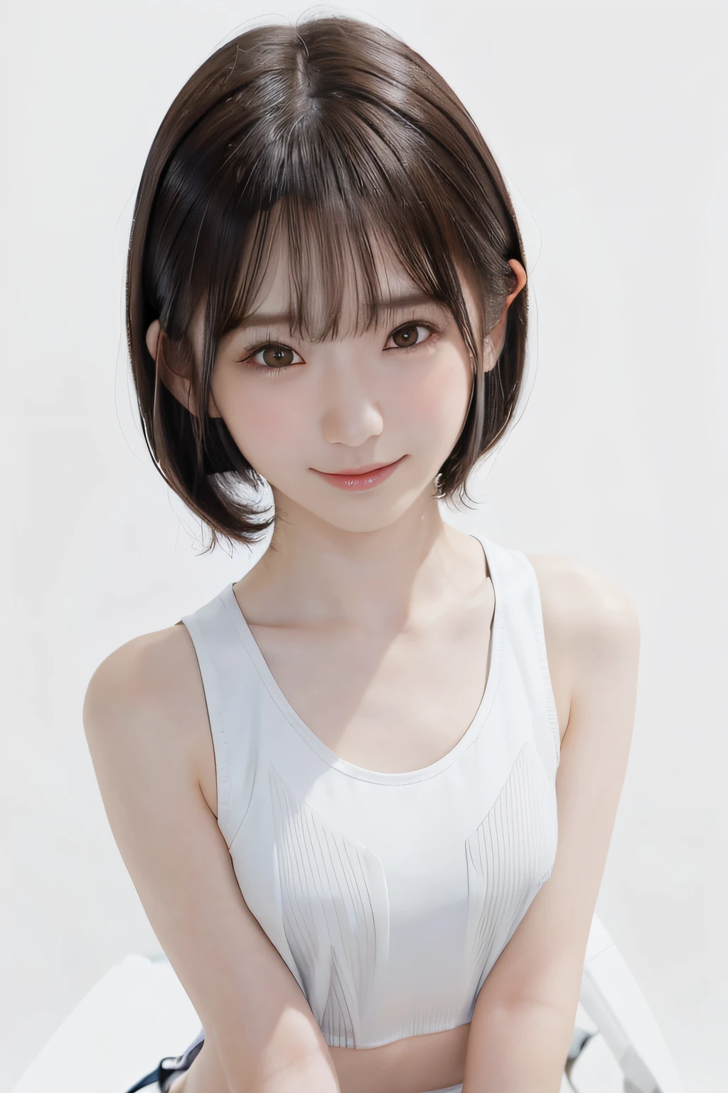 best quality, photorealistic, 8k, high res, 1girl, woman, (skindentation), (portrait:0.6), gorgeous, ((whitebackground, sport tanktop, small breast:1.72)), ((short straight hair, parted bangs:1.7)), looking at viewer,  (1girl eyes looking at viewer:1.6), photorealistic, (bokeh), (smile, closed mouth:1.3), gorgeous,  pureerosface_v1:1,