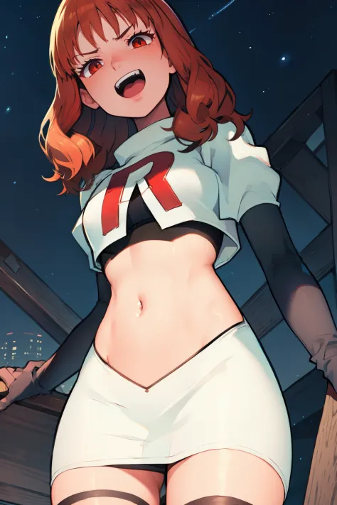 celica fe, team rocket uniform, red letter R, white skirt,white crop top,black thigh-highs,black elbow gloves, evil laugh, show teeth, looking down on viewer, cowboy shot, posing, night sky background