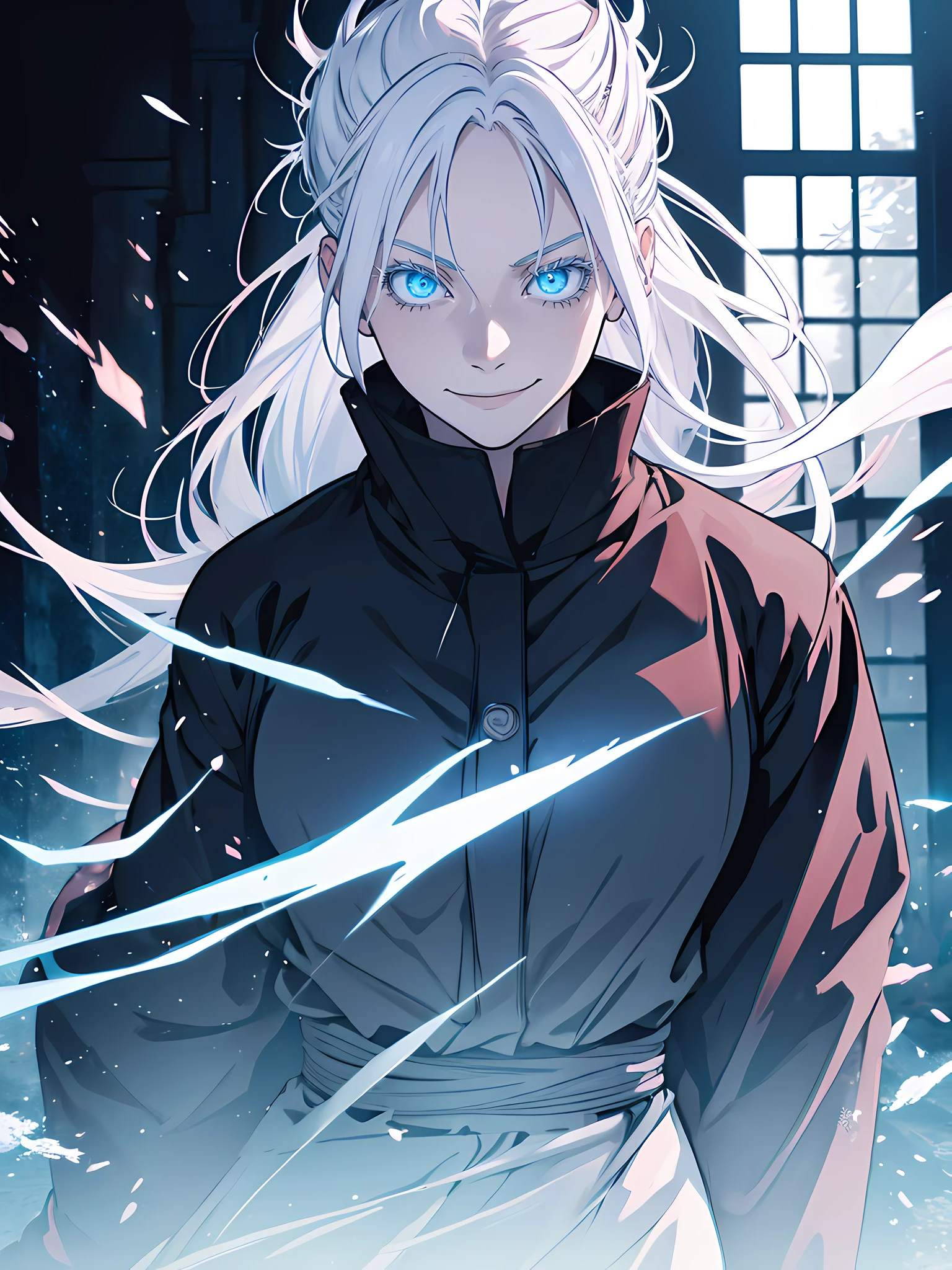 masterpiece, Woman, famale version, female, jujutsu kaisen, solo, alone, happy, smiling white hair, bangs, long hair, white eyebrows, white eyelashes, light blue eyes, glowing eyes, arms wide open, t pose, black clothing, black jacket, fullbody, park, naturepark, high quality, 4k resolution, anime