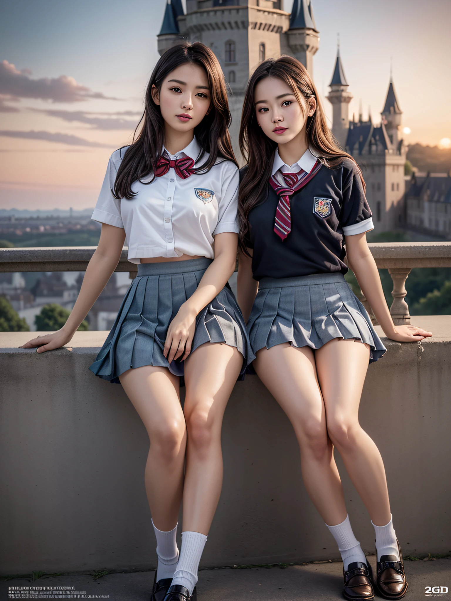(2girls:1.5), Extremely cute, Amazing face and eyes, (Best Quality:1.4), (hyper quality), (Ultra-detailed), (school uniform, pleated mini skirt:1.5), (beautiful breasts:1.1), (slender body:1.1), Authentic skin texture, bright and shiny lips, Beautiful Goddess Advent, (sitting, spread legs open), (pubick hair, cameltoe), Beautiful background, Golden ratio, conceptual art, Super Detail, ccurate, high details, Outdoors, (Beautiful Giant Castle:1.5), Sexy Art, Surrounded by beautiful sunsets, dazzling lights, Super delicate illustration details, Highly detailed CG integrated 8k wallpapers, RAW Photos, professional photograpy, Cinematic lighting, Super gorgeous illustrations, depth of field,