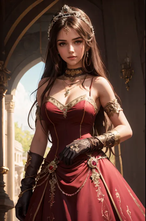 high level of detail, best quality, masterpiece, 1girl, garnet-smf, jewelry, solo, necklace, dress, long hair, tiara, breasts, b...
