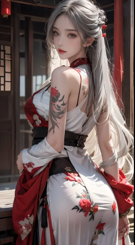 realistically, a high resolution, 1人の女性, butt lift, pretty eyes, long gray hair, eye socket, jewely, tattoo is, hanfu, a beautif...