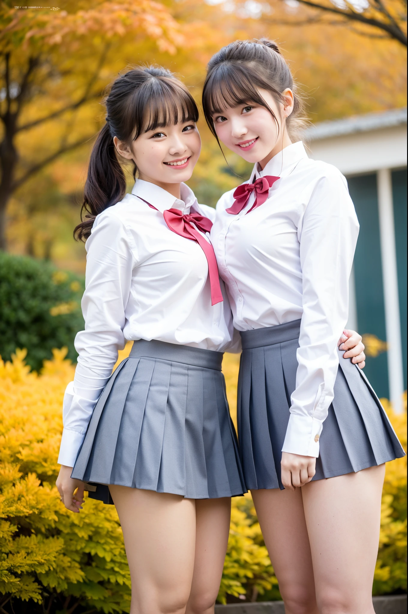 2 girls in school yard in autumn,long-sleeved white shirt with pale pink bow tie,white thong with pleated skirt,18-year-old,bangs,a little smiles,thighs,knees,crotch,low ponytail,from below