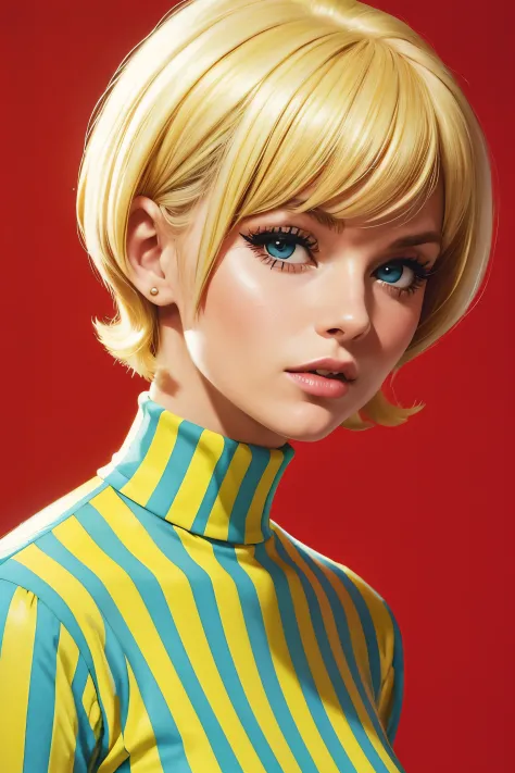 blond woman with short hair and a striped turtle neck shirt, a photo by Allan Linder, flickr, pop art, hair, 60s style, 6 0 s st...