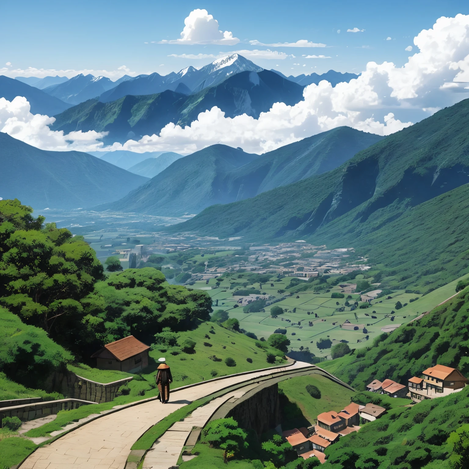 A traveler is standing on a hill and is looking at a village near a mountainous area (The person is further away so they appear small and This is a fictional anime world with a magic theme)