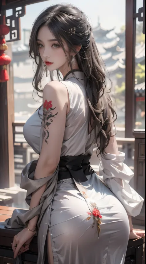 realistically, A high resolution, 1人の女性, butt lift, pretty eyes, Long gray hair, eye socket, jewely, tattoo is, Hanfu, a beautif...