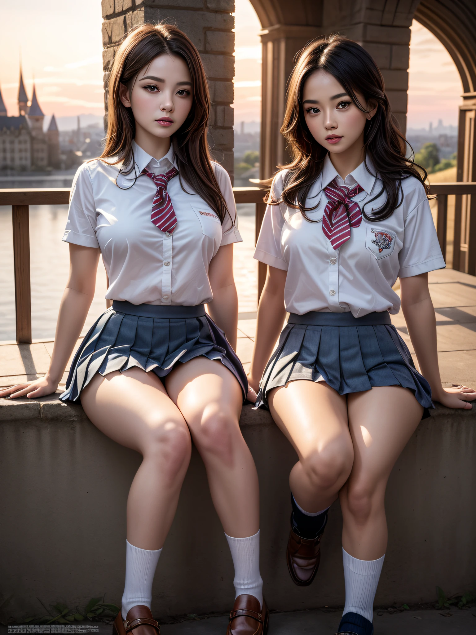 (2girls:1.5), Extremely cute, Amazing face and eyes, (Best Quality:1.4), (hyper quality), (Ultra-detailed), (school uniform, pleated mini skirt:1.5), (beautiful breasts:1.1), (slender body:1.1), Authentic skin texture, bright and shiny lips, Beautiful Goddess Advent, (sitting, spread legs open), (pubick hair, cameltoe), Beautiful background, Golden ratio, conceptual art, Super Detail, ccurate, high details, Outdoors, (Beautiful Giant Castle:1.5), Sexy Art, Surrounded by beautiful sunsets, dazzling lights, Super delicate illustration details, Highly detailed CG integrated 8k wallpapers, RAW Photos, professional photograpy, Cinematic lighting, Super gorgeous illustrations, depth of field,