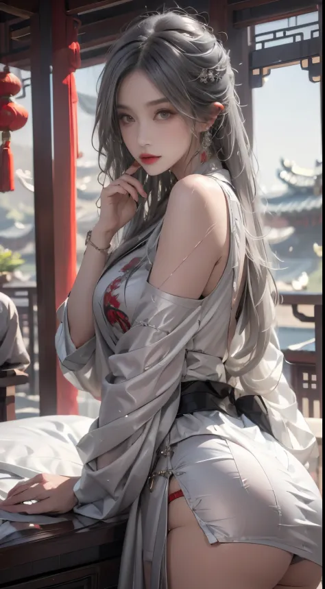 realistically, A high resolution, 1人の女性, butt lift, pretty eyes, Long gray hair, eye socket, jewely, tattoo is, Hanfu, a beautiful woman in China, Red embroidered Hanfu