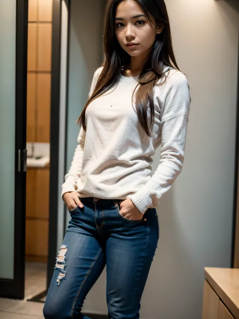 (full body portrait:1.4), RAW UHD portrait photo of a 24 year old woman called Kimmie Miso, (1 woman). Black hair, brown eyes, feminie features, dslr, ultra quality, film grain, (centred), Fujifilm XT3, detailed skin pores, intricate eye detail, jeans and ...