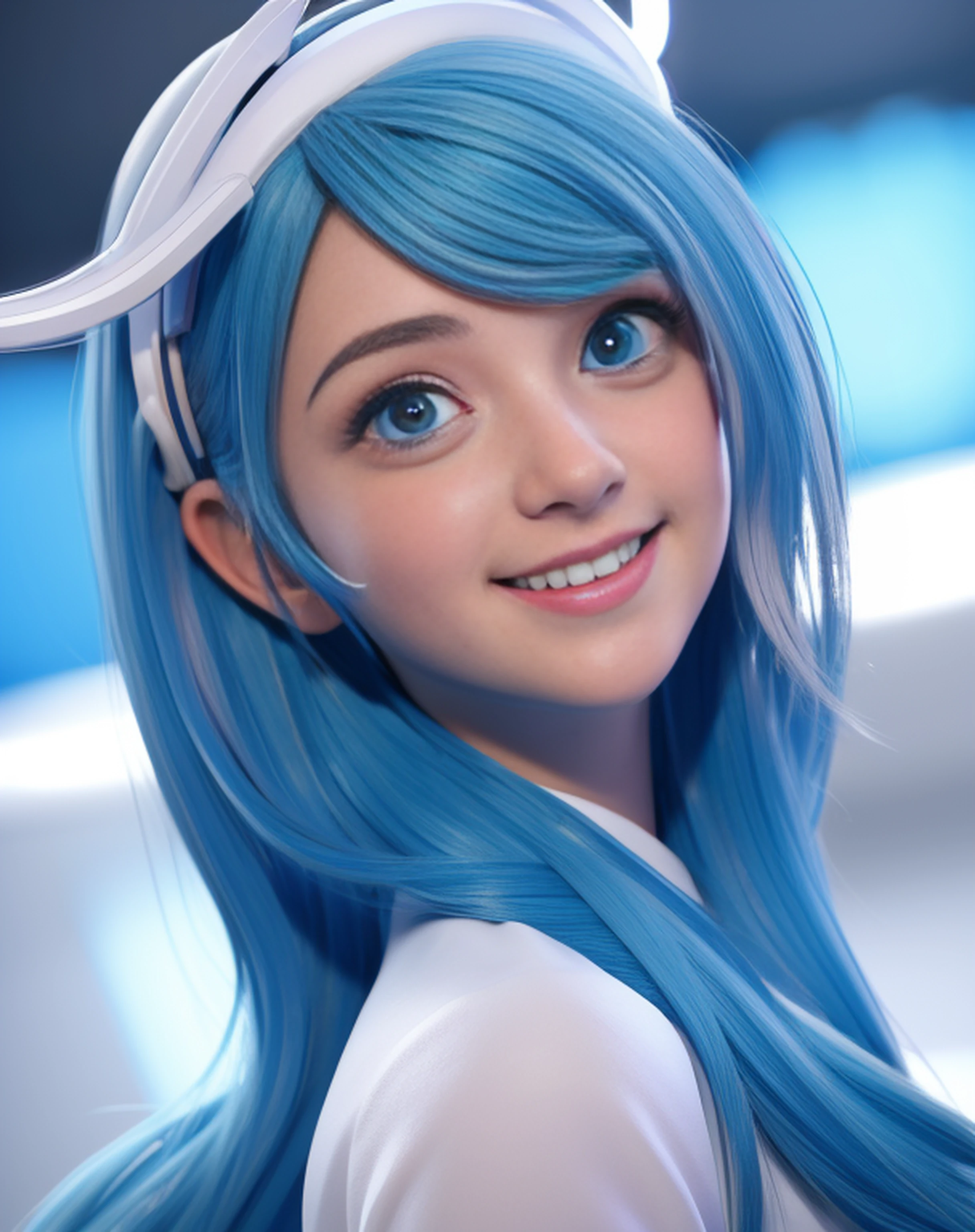 (masterpiece:1.5), (best quality:1.5), 3dmm,highres, highly detailed,3DG,1girl, big blue eyes, long blue hair, white headgear, smiling, looking at viewer, cute and girly\(idolmaster\), 3d rendering, octane rendering, subsurface scattering skin, soft and bright lighting, clear focus, clean background, perfect face, perfect eyes,