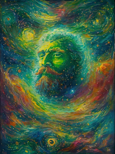 One with a beard、Green face man pictures, portrait of a cosmic entity, Portrait of the cosmic god, Fantasy painting, oh oh, Oooo...