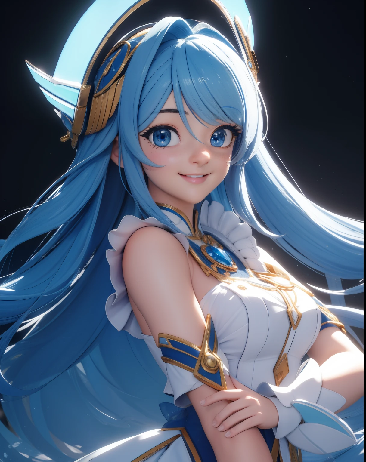 (masterpiece:1.5), (best quality:1.5), 3dmm,highres, highly detailed,3DG,1girl, big blue eyes, long blue hair, white headgear, smiling, looking at viewer, cute and girly\(idolmaster\), 3d rendering, octane rendering, subsurface scattering skin, soft and bright lighting, clear focus, clean background, perfect face, perfect eyes,