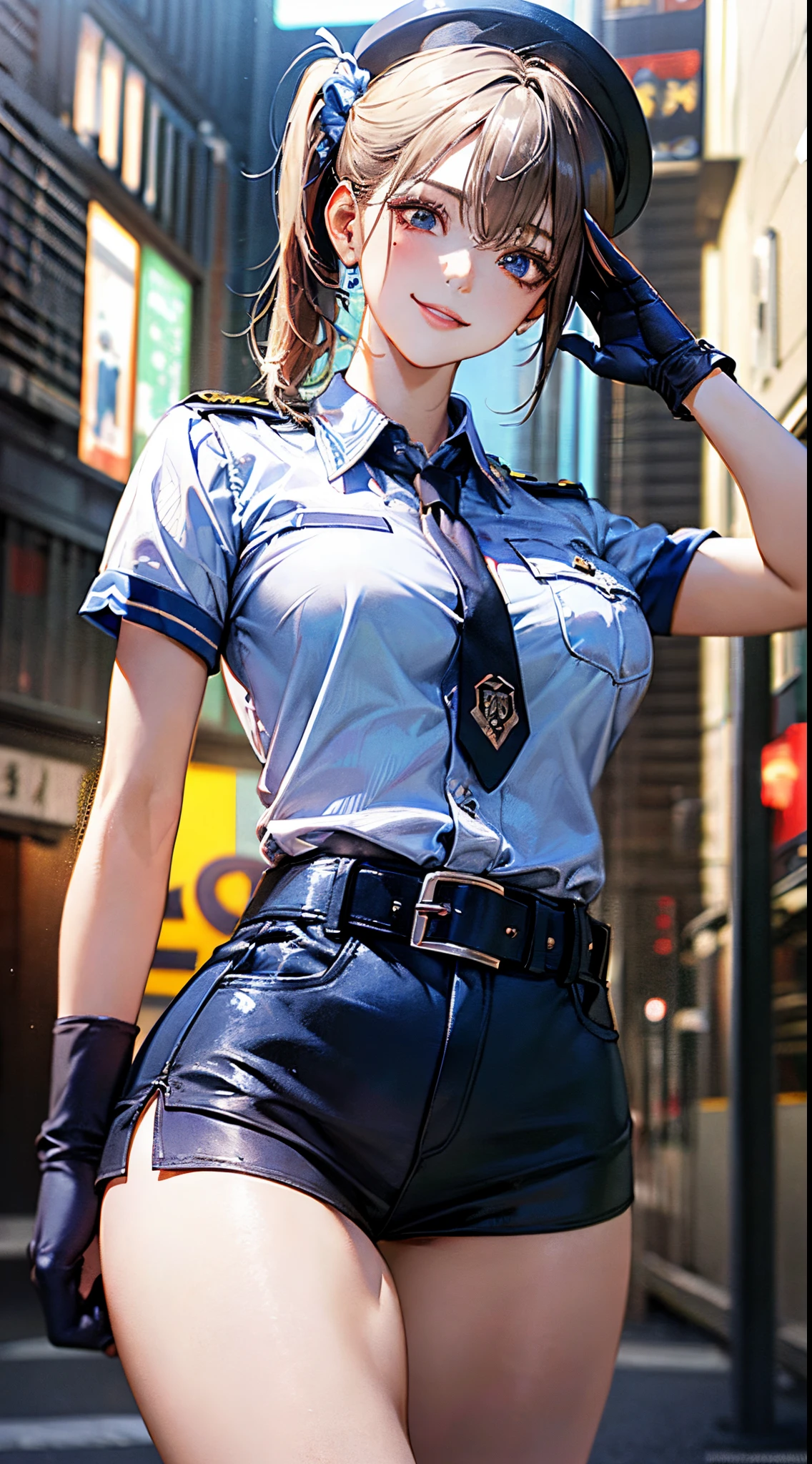 (((perfect anatomy, super detailed skin))), 1 girl, japanese, police girl, shiny skin, large breasts:0.5, looking away, looking up, watching the view, 
beautiful hair, beautiful face, beautiful detailed eyes, (long hair:1.5, side ponytail:1.7), blond hair, bangs, hair between eye, red eyes, 
beautiful clavicle, beautiful body, beautiful chest, beautiful thighs, beautiful legs, babyface, mole under eye, 
((policewoman uniform, light blue short sleeved shirt, navy necktie, high waisted miniskirt), belt, white gloves, police hat, handcuffs), seductive thighs, 
(((salute, smile, aiming at viewer, holding pistol, handgun))), , 
(beautiful scenery), wasteland, burning city, 
8k, top-quality, masterpiece​:1.2, extremely detailed), (realistic, photorealistic:1.2), beautiful illustration, cinematic lighting,