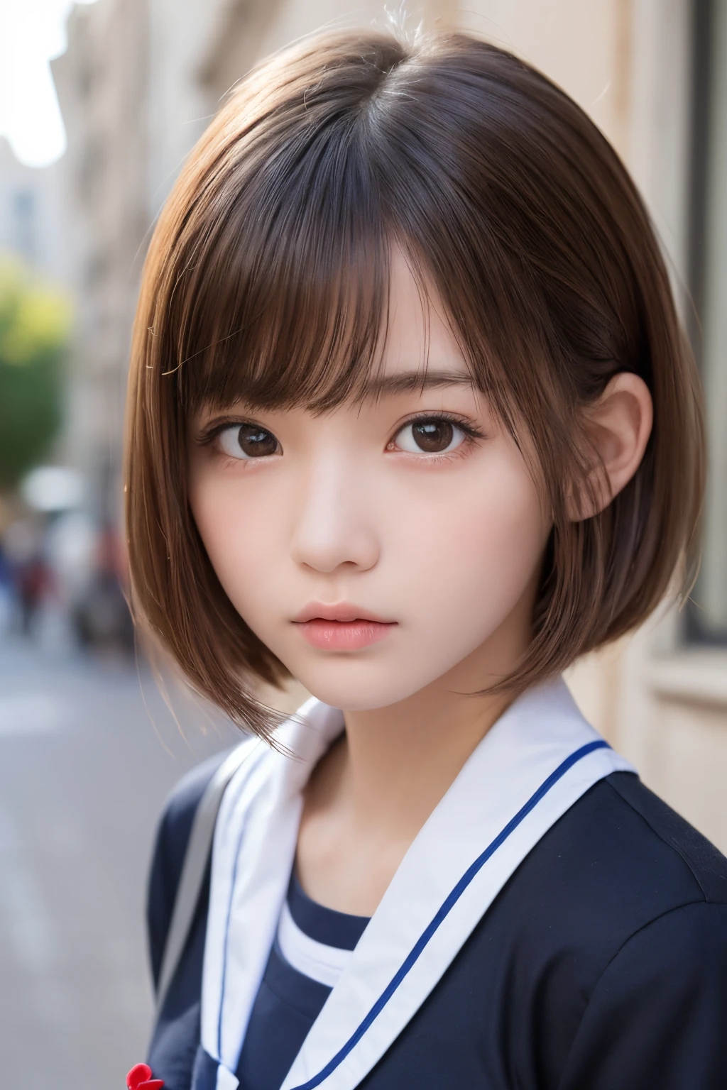 masterpiece, Best Quality, One girl, (a beauty girl, Delicate girl:1.3), (15 years old:1.3), Very fine eye definition, (Symmetrical eyes:1.3), (street view:1.2), (school uniform, serafuku:1.3), Small breasts, Brown eyes, Parted bangs, Brown hair,  girl, (Eyes and faces with detailed:1.0), (close up to face, zoom in face, face focus:1.0)