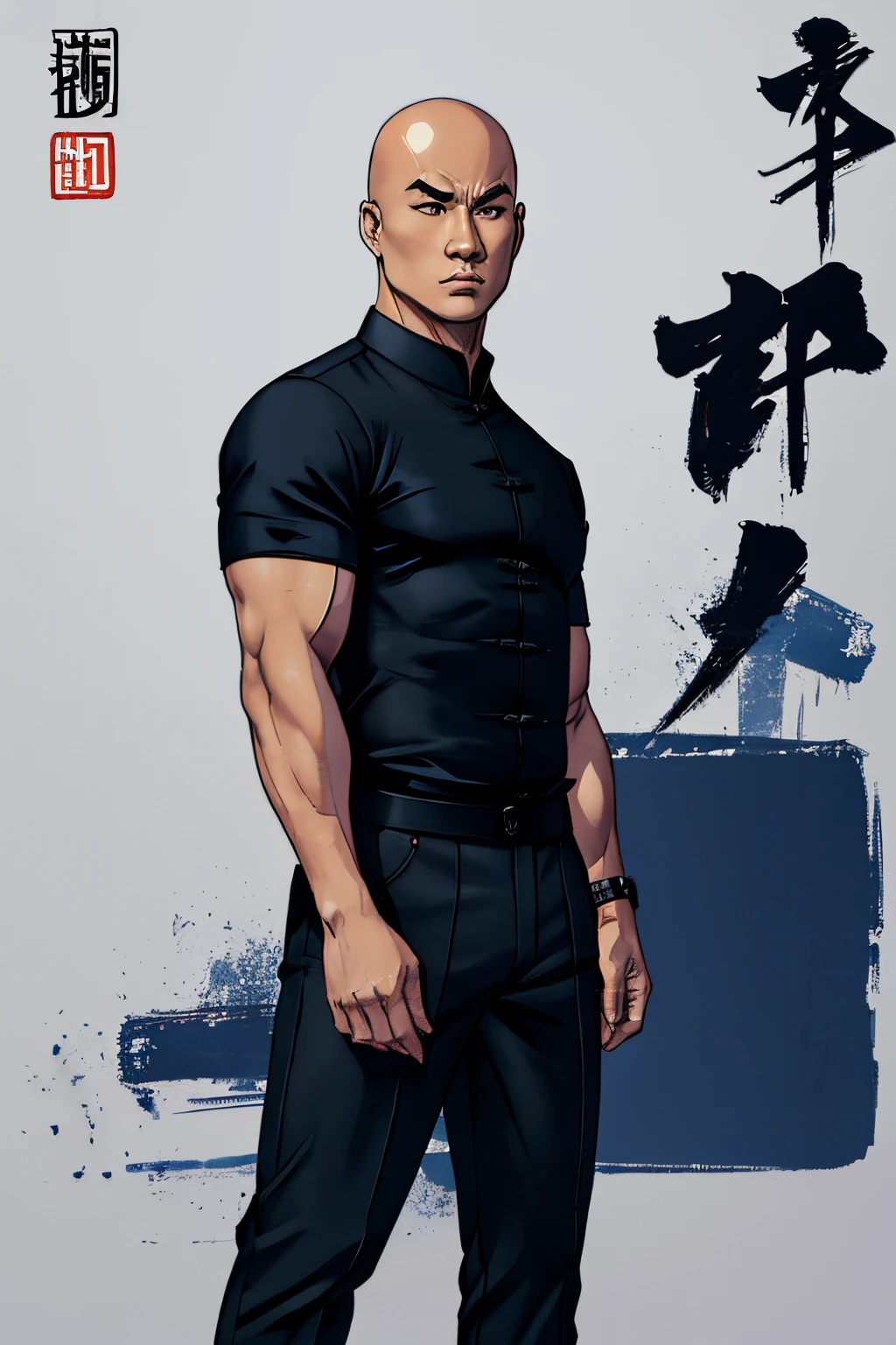 (((漫畫風格))), 全身光頭的中國男人, 李連傑的臉, 穿著黑色襯衫和深藍色褲子, 純白色背景: 1.5, (((漫畫風格))), 向量, 黑色輪廓, 概述, 線性藝術, 染色