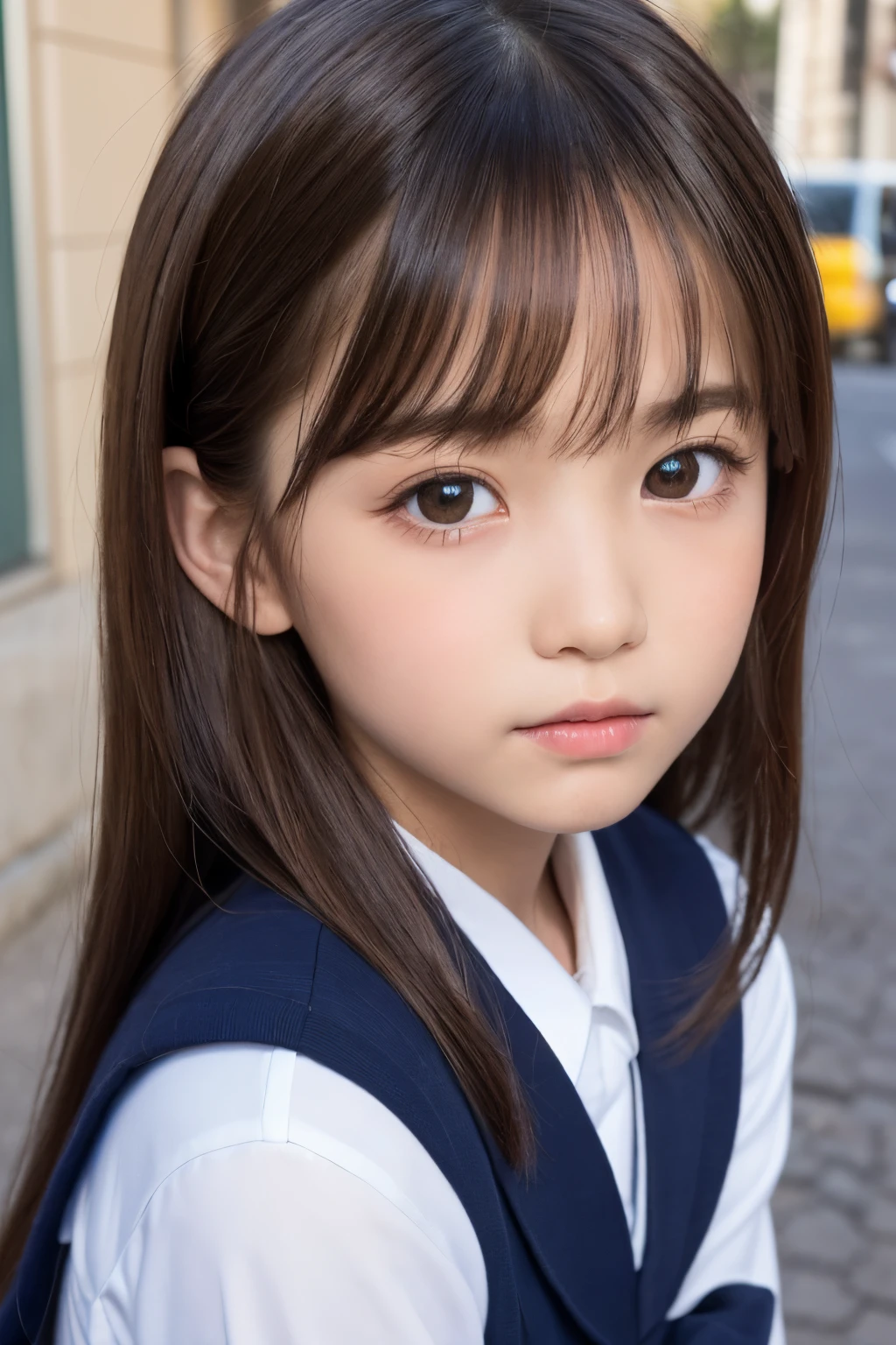 masterpiece, Best Quality, One girl, (a beauty girl, Delicate girl:1.3), (9 years old:1.3), Very fine eye definition, (Symmetrical eyes:1.3), (street view:1.2), (school uniform, serafuku:1.3), Small breasts, Brown eyes, Parted bangs, Brown hair, petite girl, (Eyes and faces with detailed:1.0), (close up to face, zoom in face, face focus:1.0)