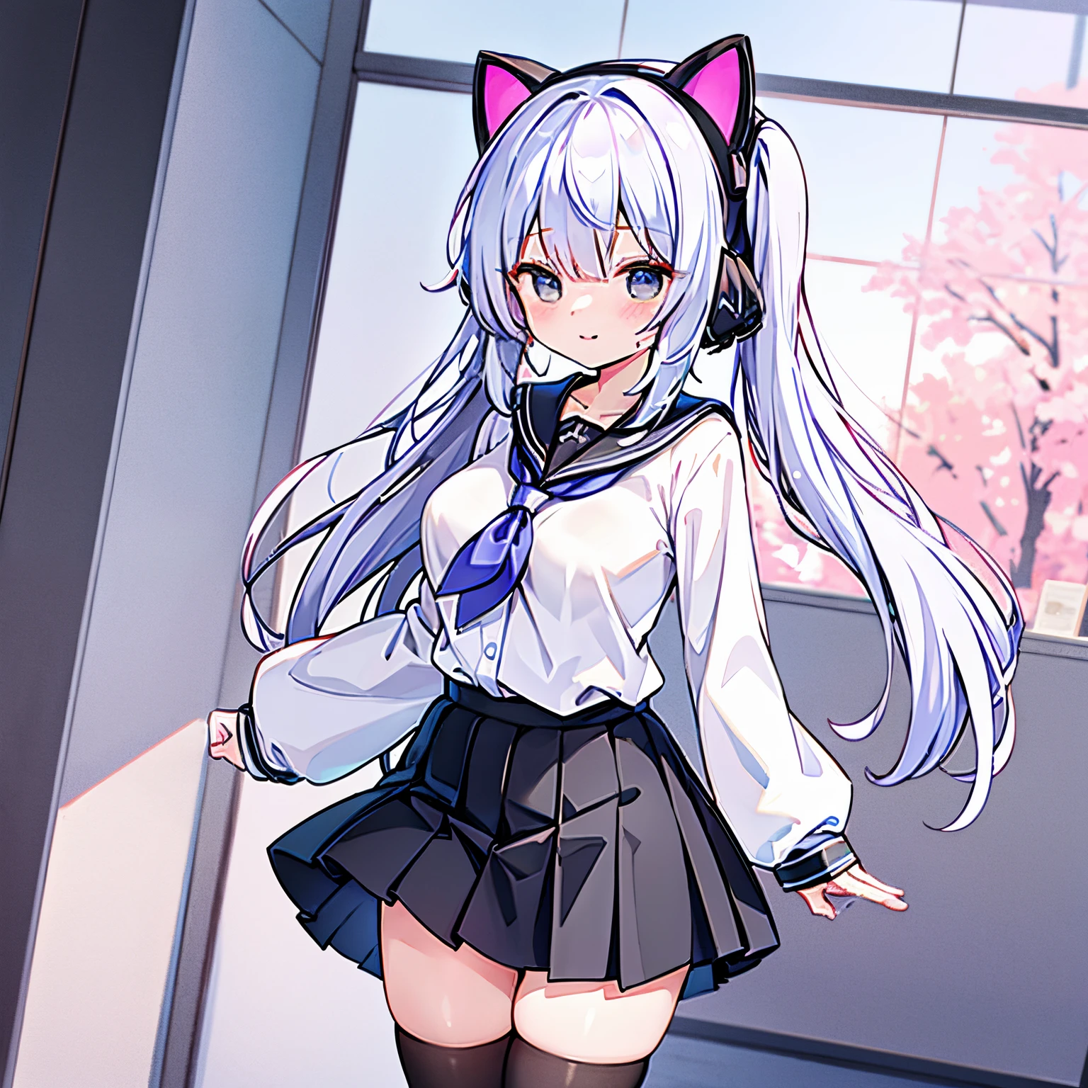 "アニメの女の子, 1人, silver white hair ネクタイd on both sides, 淡いピンク紫の目, 猫耳ヘッドフォンを着用, 女性用シャツ, 女子制服, ネクタイ, 黒のミニスカート, 巨乳, 笑顔, タイツ,  足を組んで立つ, 側面図,一人で (フルHD4K+ 画像)"