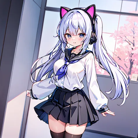 "anime girl, 1 person, silver white hair tied on both sides, light pink purple eyes, wearing cat ear headphones, female shirt, f...