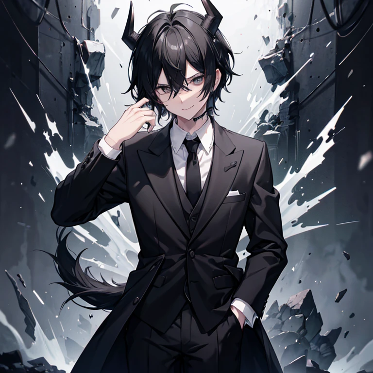 Men with messy black hair, black head, black eyes,Sleepy eyes, he has sharp white teeth, he has a long tongue, he wears a black and white suit, black tie, wears a mischievous expression, He has black horns and a black demon tail