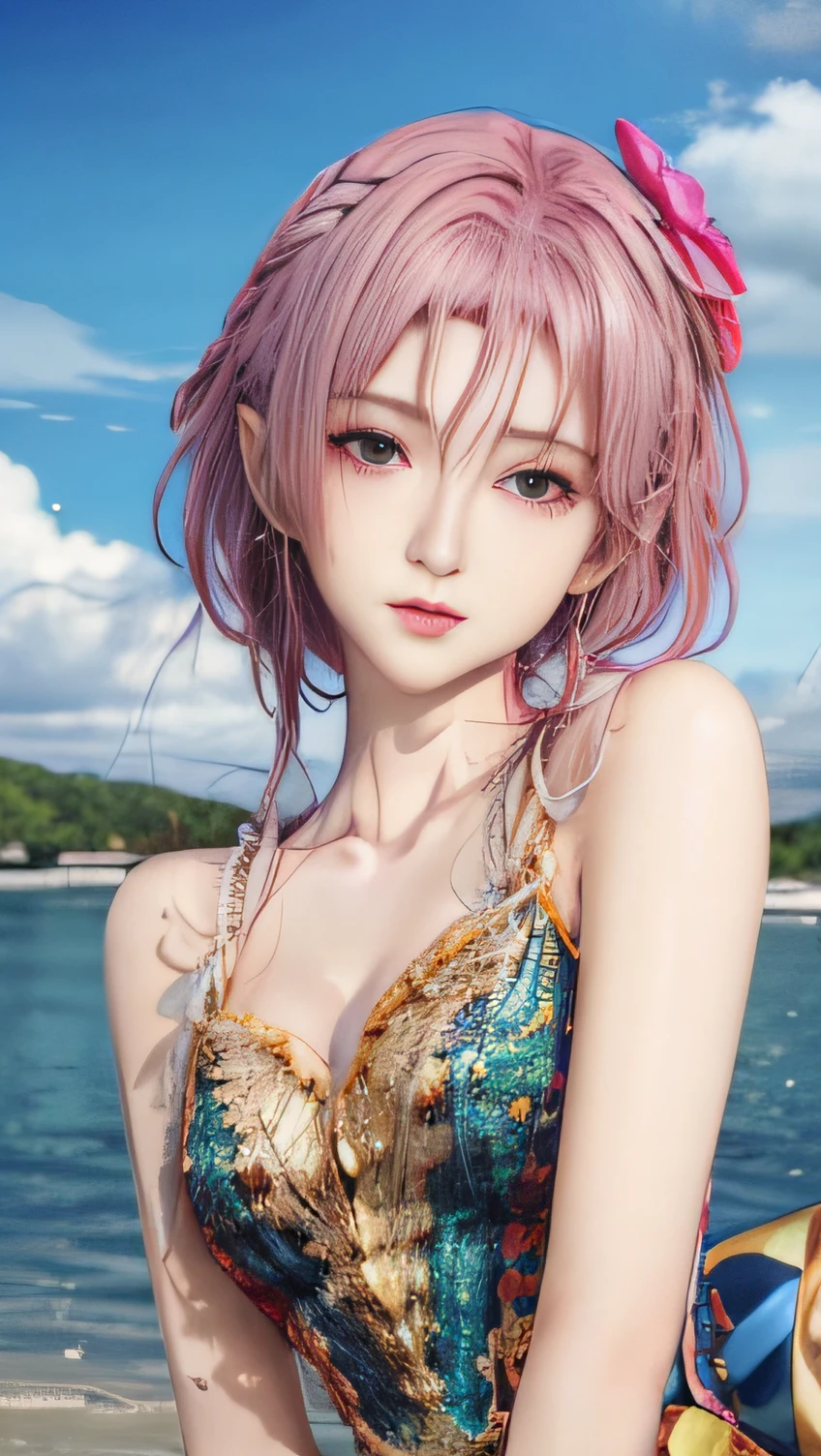 Mädchen mit blau-rosa Haaren und Pfauenfedern, Inspiriert von Ming Yanchun, Vereinigung für Computergrafik, 🌺 Stil des Animes. 8K, 3D im Anime-Stil, Sehr beliebt auf cgstation, 8K-Detailkunst in hoher Qualität, Kunstwerke im Gouves-Stil, Fantasy-Kunststil, Realistischer Anime-3D-Stil, Anime-Inspiration, Anime-Stil gemischt mit Fujifilm，zeigt Taille，verkürzte Schultern，Sexy und feminin，Ein wenig Dekolleté，Ganzkörperfoto，Ultrarealistischer Realismus，Heads-Up-Schießen，Preisgekrönt，perfekte Hand（perfekte Hand），ist ein perfektes Gesicht