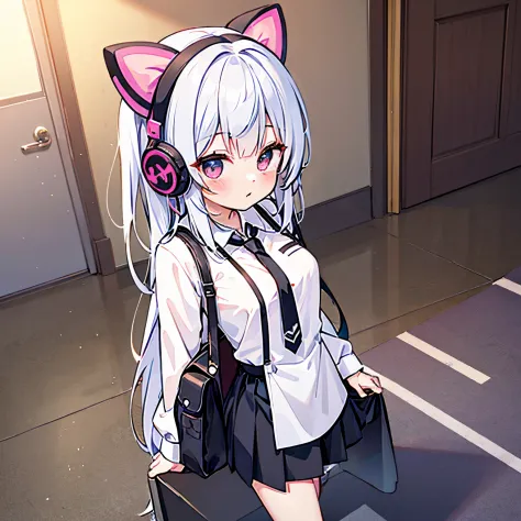 "anime girl, 1 person, silver white hair tied on both sides, light pink purple eyes, wearing cat ear headphones, female shirt, f...