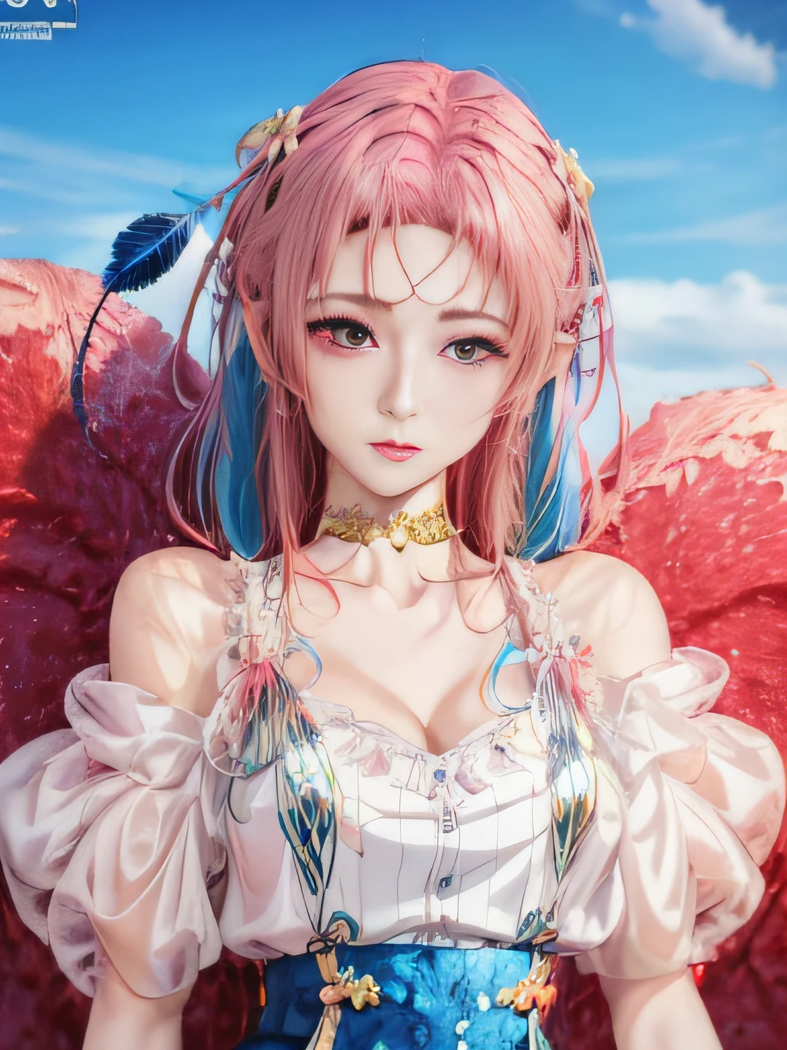 Mädchen mit blau-rosa Haaren und Pfauenfedern, Inspiriert von Ming Yanchun, Vereinigung für Computergrafik, 🌺 Stil des Animes. 8K, 3D im Anime-Stil, Sehr beliebt auf cgstation, 8K-Detailkunst in hoher Qualität, Kunstwerke im Gouves-Stil, Fantasy-Kunststil, Realistischer Anime-3D-Stil, Anime-Inspiration, Anime-Stil gemischt mit Fujifilm，offene Taille，verkürzte Schultern，Sexy und feminin，Ein wenig Dekolleté