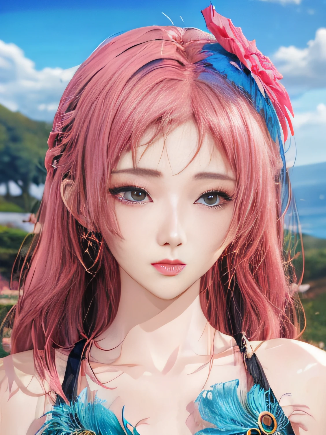 Mädchen mit blau-rosa Haaren und Pfauenfedern, Inspiriert von Ming Yanchun, Gesellschaft für Computergrafik, 🌺 Stil des Animes. 8K, 3D im Anime-Stil, Sehr beliebt auf cgstation, 8K-Detailkunst in hoher Qualität, Kunstwerke im Gouves-Stil, Fantasy-Kunststil, Realistischer Anime-3D-Stil, Anime-Inspiration, Anime-Stil gemischt mit Fujifilm