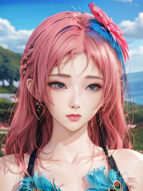 Girl with blue-pink hair and peacock feathers, Inspired by Ming Yanchun, Computer Graphics Society, 🌺 style of anime. 8K, Anime ...