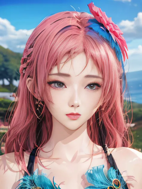 girl with blue-pink hair and peacock feathers, inspired by ming yanchun, computer graphics society, 🌺 style of anime. 8k, anime ...