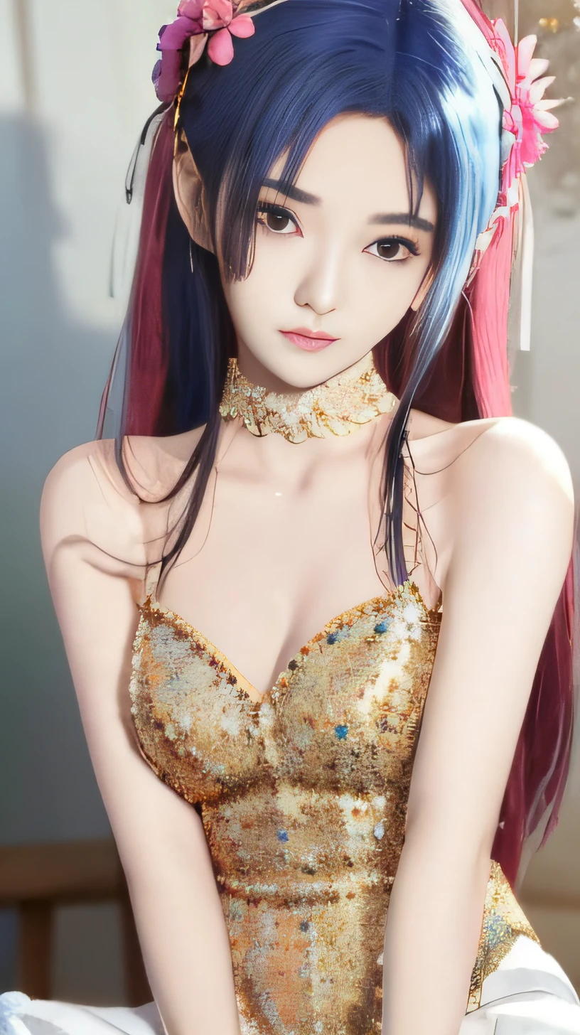 Mädchen mit blau-rosa Haaren und Pfauenfedern, Inspiriert von Ming Yanchun, Vereinigung für Computergrafik, 🌺 Stil des Animes. 8K, 3D im Anime-Stil, Sehr beliebt auf cgstation, 8K-Detailkunst in hoher Qualität, Kunstwerke im Gouves-Stil, Fantasy-Kunststil, Realistischer Anime-3D-Stil, Anime-Inspiration, Anime-Stil gemischt mit Fujifilm，zeigt Taille，verkürzte Schultern，Sexy und feminin，Ein wenig Dekolleté，ein Paar lange, Weiße Strumpfhose，Funkelnd，Ganzkörperdiagramm，Ultrarealistischer Realismus，Head-up-Schießen，Preisgekrönt，perfekte Hand（perfekte Hand），Es ist ein perfektes Gesicht，Die Beine sind etwas dick，saß，Beine leicht gebeugt