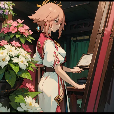 yae miko from genshin impact game works as a florist in flower shop