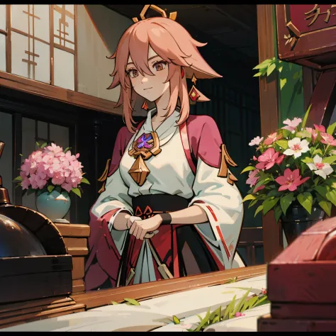 yae miko from genshin impact game works as a florist in flower shop