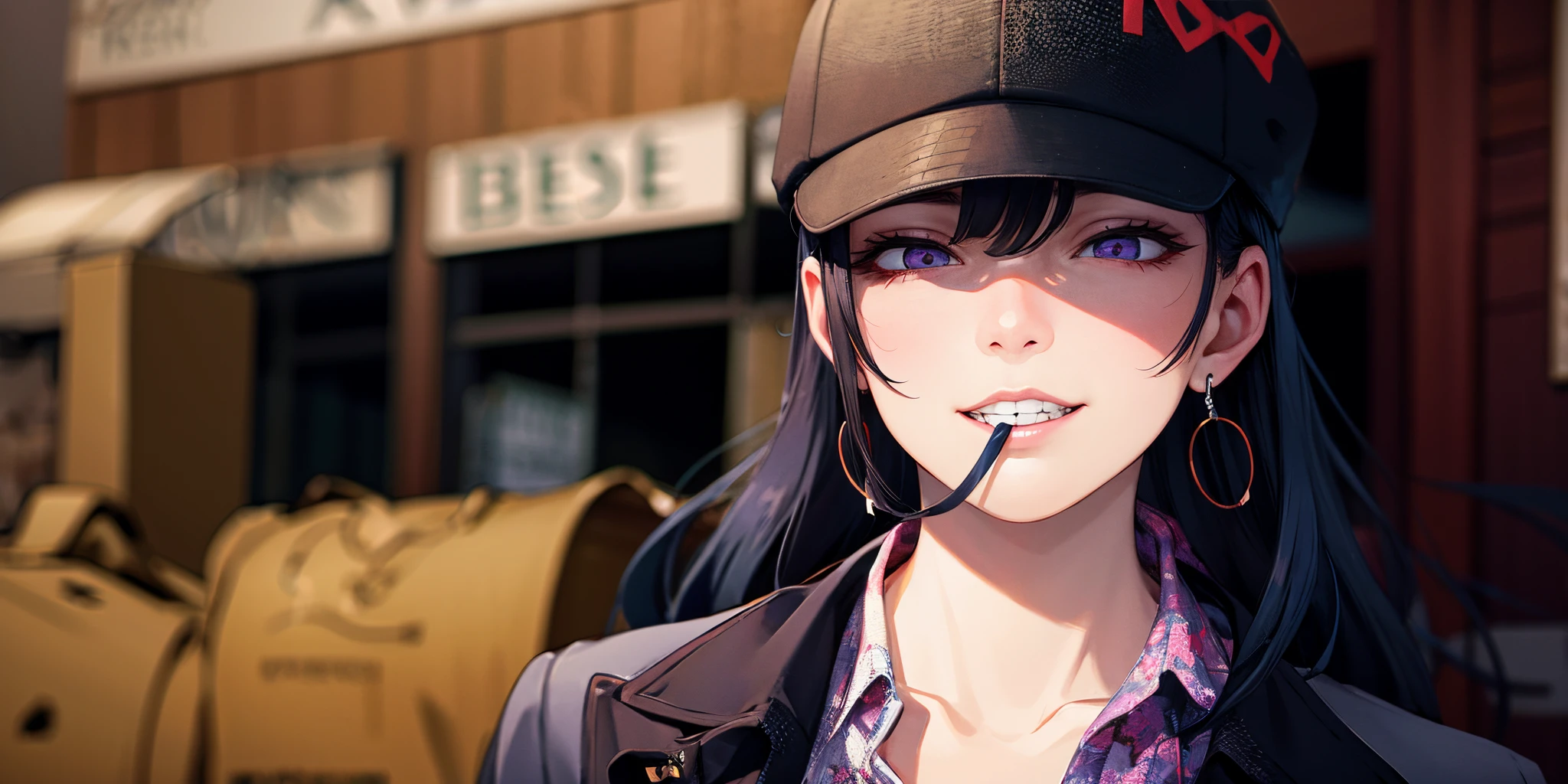 anatomically correct, best quality, masterpiece, high quality, high details, highres, HD, (shaded face:1.2), hollow eyes, purple eyes, looking at viewer, heavy breathing, smirk, uppert teeth, purple hair, long hair, hat, blurry, smoking, 1girl, blue_eyes, depth_of_field, cigarette, jacket, black_hair, long_hair, black_headwear, blurry_background, solo, earrings, baseball_cap