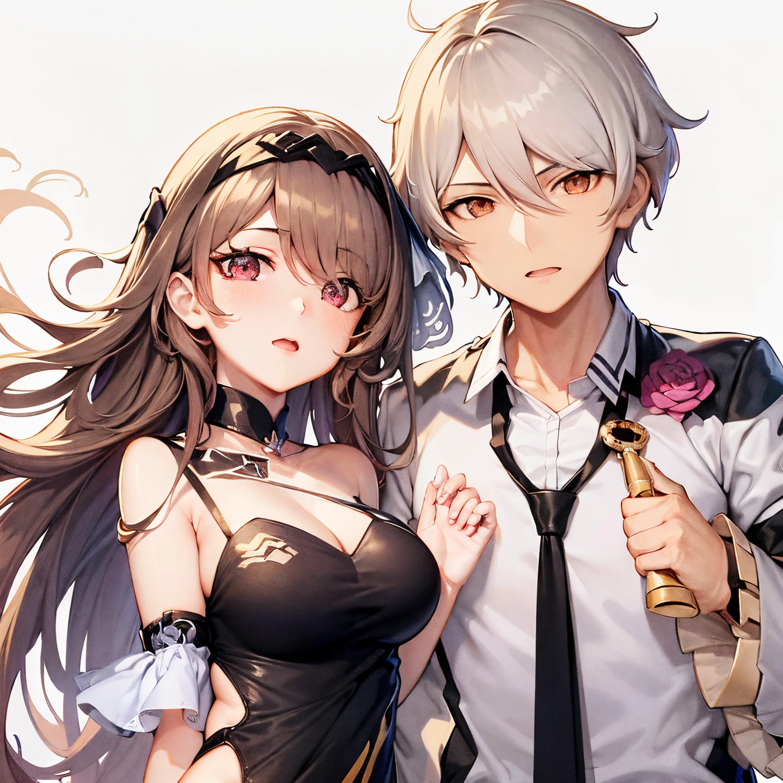 anime couple posing for picture with white background and black dress, sakimichan and frank franzzeta, ben maier and sakimichan, hajime yatate, anime wallaper, wlop and sakimichan, shoujo romance, lovely couple, nixeu and sakimichan, hd anime wallaper, nightcore, kawacy