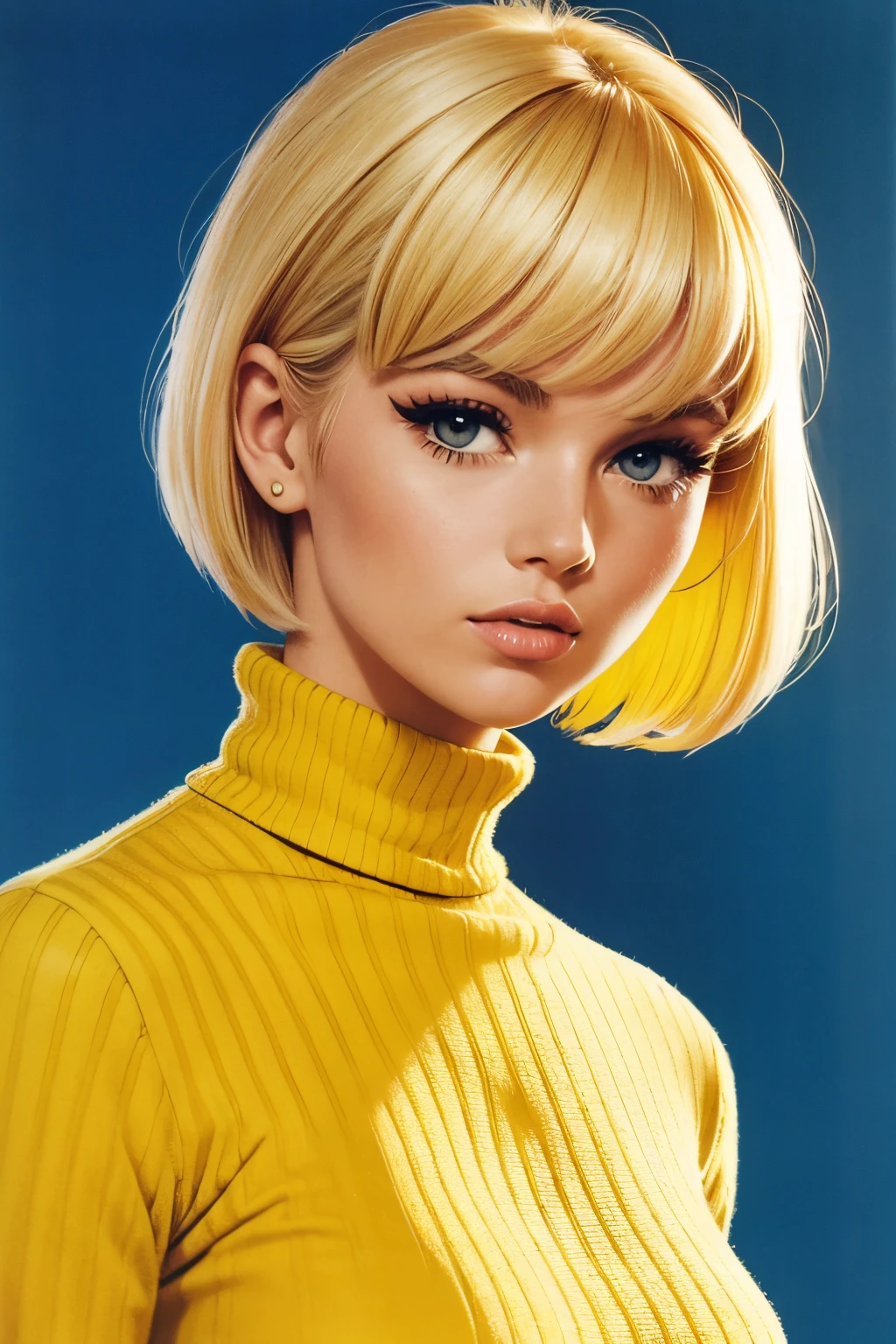 blond woman with short hair and a striped turtle neck shirt, a photo by Allan Linder, flickr, pop art, hair, 60s style, 6 0 s style, brigitte bardot, 1960s style, retro 6 0 s fashion, poppy, cut, medium yellow blond hair, pixie, yellow hair
