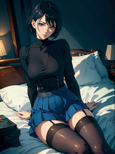 woman wearing blue suspender tight skirt，He wears black stockings on his legs，sit on a bed，The figure is good，The head is not ex...