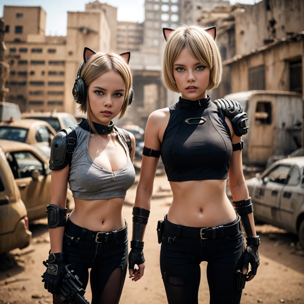 two 13 year old girls with blonde hair and heavy weapons in the castle, , make background ruins, post apocalyptic scene, cyberpunk helmets next to them, wearing Cat ears, hand guns on side, ripped clothes reveal part of breast, very short tops show bottom part of breast, one carrying a cyberpunk gun, cyberpunk theme, her top is short showing just the under part of her breasts ((underboob)),