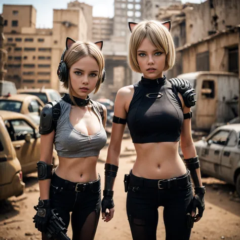 two 13 year old girls with blonde hair and heavy weapons in the castle, , make background ruins, post apocalyptic scene, cyberpu...